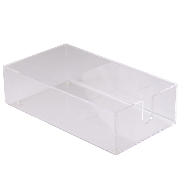 Clear acrylic guest napkin holder with clean lines and polished edges, shown with white napkins on a white background.