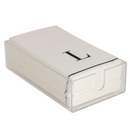 Clear acrylic guest napkin holder with clean lines and polished edges, shown with white napkins on a white background.