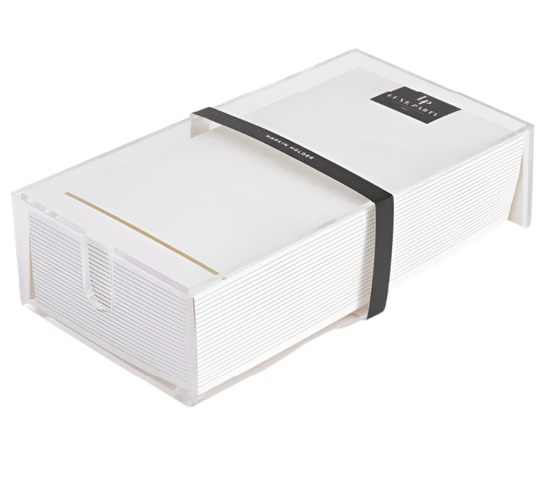 Clear acrylic guest napkin holder with clean lines and polished edges, shown with white napkins on a white background.
