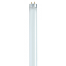 A close-up, vertical shot of a single-pin fluorescent tube, a long, white, cylindrical light bulb, shown against a plain white background. The two brass-colored pins are visible at the top of the bulb.