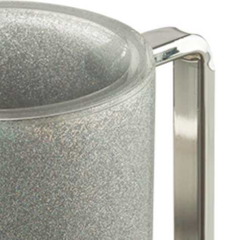 Close up of silver glitter acrylic wash cup and the silver handle, shown on a white background
