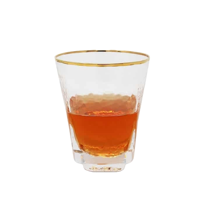 Set of 6 Hammered Square Shaped Wine Glass with Gold Trim