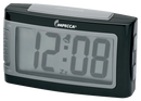 A black, rectangular digital alarm clock with a light gray face and a large, easy-to-read digital time display showing "12:08".