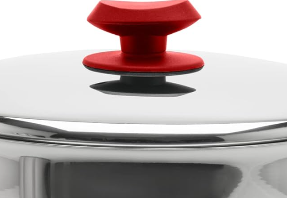 9-quart polished stainless steel stockpot with red heat-resistant handles and matching stainless steel lid on a white background.