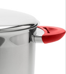 9-quart polished stainless steel stockpot with red heat-resistant handles and matching stainless steel lid on a white background.