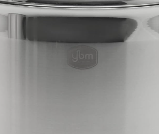 9-quart polished stainless steel stockpot with red heat-resistant handles and matching stainless steel lid on a white background.