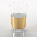 Clear plastic tumbler with a stylish metallic gold band around the lower half. Elegant disposable drinkware for parties, weddings, and special events.