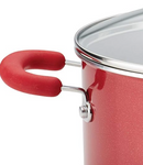 Close up of the red stainless steel-silicone handles, displayed on a white background.