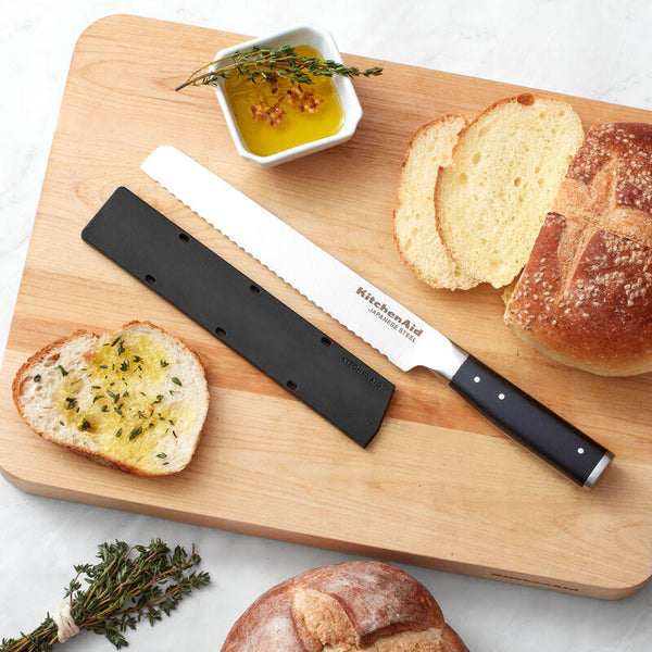 KitchenAid Gourmet Forged Triple Rivet Bread Knife with Custom-Fit Blade Cover, High-Carbon Japanese Stainless Steel Blade, Black