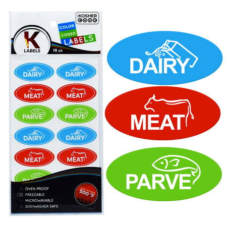 A pack of 18 kosher color-coded food labels, featuring separate labels for dairy (blue), meat (red), and parve (green). The labels are oven-proof, freezer-safe, microwaveable, and dishwasher-safe, with a "Kosher" certification logo at the top.