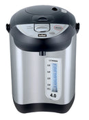 4.0-quart stainless steel hot water urn with manual pump, auto dispense, and keep warm function.