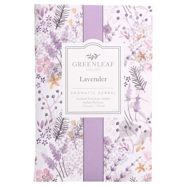 Greenleaf Lavender large sachet with classic purple lavender blooms and soft stems in a calming botanical design, displayed on a white background.