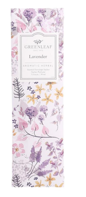 Greenleaf Lavender slim sachet in a light purple packet with lavender flower illustrations on a white background.