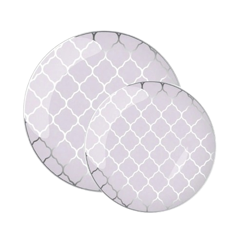  Round lavender plastic plates with metallic silver lattice pattern on a white background.