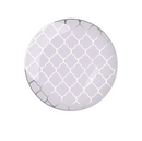 Round lavender and silver metallic lattice patterned plastic plate.