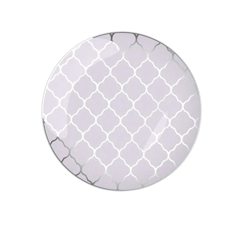  Round lavender plastic plate with metallic silver lattice pattern on a white background.