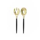Black and gold plastic serving fork and spoon set displayed on a white background.