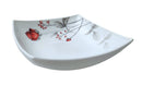 A stylish white porcelain bowl with a unique curved square shape, featuring a delicate red rose and gray leaf pattern. Perfect for serving salads, pasta, or side dishes. Durable, microwave-safe, and dishwasher-safe for everyday use or special occasions.