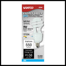 Satco Energy Saver Mini Spiral CFL light bulb, 9W, Soft White 2700K, 550 lumens, $1.08 estimated annual energy cost, 10,000 hours lifetime.