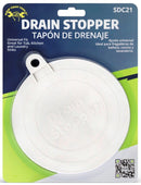 White round drain stopper with a universal fit, suitable for tubs, kitchen sinks, and laundry sinks.