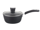 Millvado Rainbow non-stick saucepan featuring a black speckled interior, a clear glass lid, and a comfortable, heat-resistant black handle.
