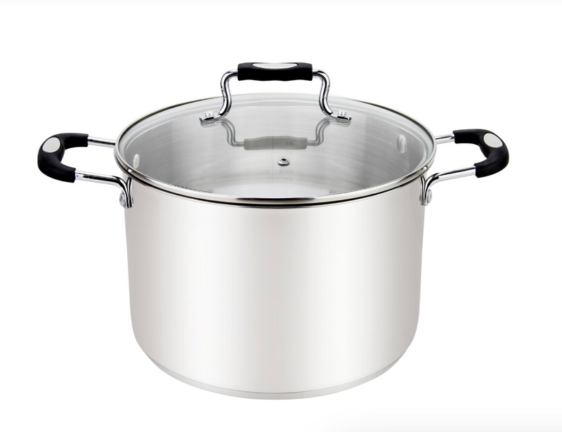 Stainless steel stockpot with a transparent glass lid and black silicone-coated handles. The pot features a polished exterior and sturdy construction, ideal for cooking soups, stews, and large meals.