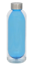 Copco double-walled hydration bottle with a transparent outer layer and an inner blue core. Features a sleek cylindrical design with a stainless steel screw-on lid, perfect for keeping beverages insulated and stylishly stored.