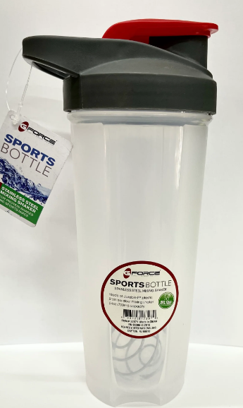 Force Sports Bottle, clear plastic with black and red flip-top lid, with stainless steel mixing ball