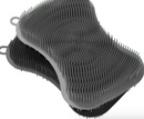 Pair of gray silicone dishwashing scrubbers, showing close-up of the dense, soft bristles and curved shape, stacked slightly offset on a white background.