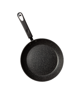 Round Millvado frypan with a black non-stick coating and a black ergonomic handle with a hanging hole.