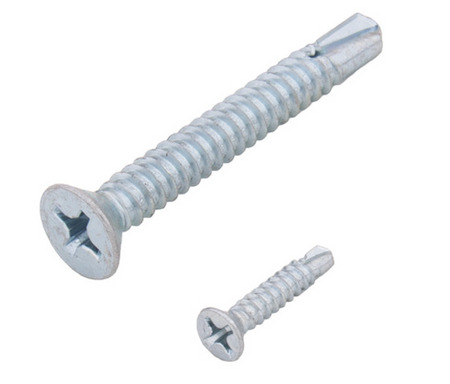 Tuff Stuff #6 x 1-1/2" flat head self-drilling screw alongside a smaller self-drilling screw, showcasing the screw type and drilling tip.