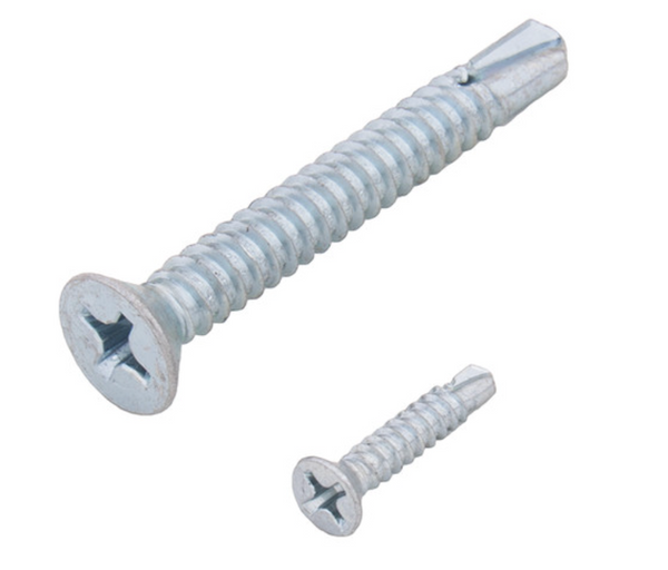 Tuff Stuff #6 x 1-1/2" flat head self-drilling screw alongside a smaller self-drilling screw, showcasing the screw type and drilling tip.