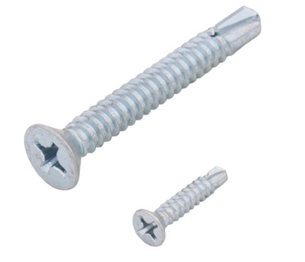 Tuff Stuff #6 x 1" flat head self-drilling screw alongside a smaller self-drilling screw, showcasing the screw type and drilling tip.