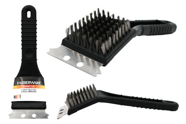 Three views of a Farberware Barbecue 8-inch grill brush with a black plastic handle, stainless steel bristles, and a metal scraper. One view shows the full brush with its packaging, another shows the brush head and scraper, and the third shows the brush from the side.