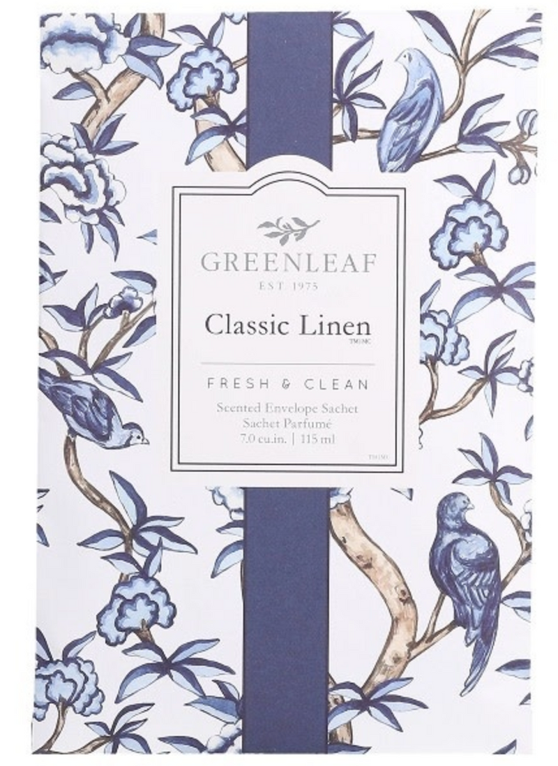 Package of Greenleaf Classic Linen scented envelope sachets with a traditional blue toile pattern of birds and botanicals.