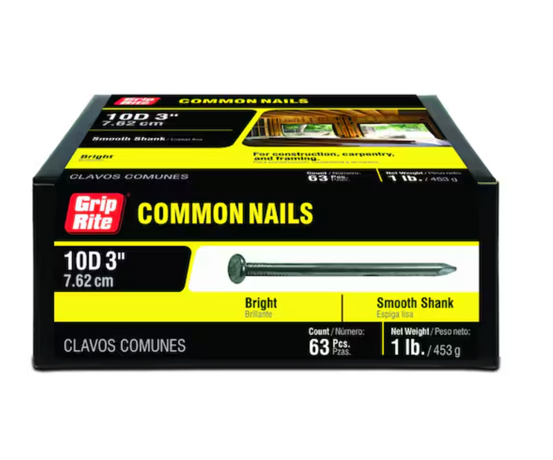 A black and yellow box of "Grip-Rite Common Nails" with red accents. The box indicates "10D 3" 7.62 cm" and "1 lb./453g" with a count of 63 pieces. A single nail with a smooth shank is depicted on the front.