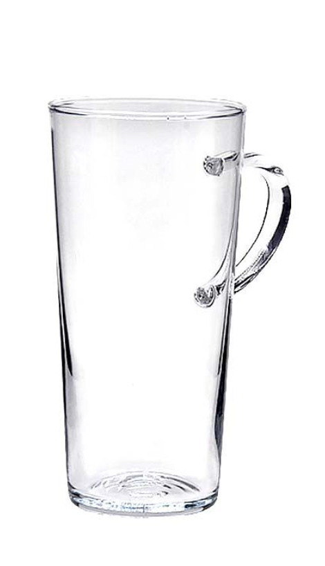 This is a tall, clear glass mug designed for hot beverages. It has a sleek, slightly tapered cylindrical body and a thick, durable base. A curved, clear glass handle is attached to the side, featuring two distinct points of attachment that appear to be small, rounded protrusions. The mug's transparent design would allow for the visual appreciation of layered drinks.