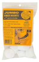 A clear package of jumbo white fiber filter inserts, with the yellow product label and instructions visible on the front.