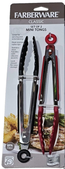 A pack containing two sets of Farberware mini serving tongs. Each set has a stainless steel handle, heat-resistant nylon tips, and red silicone accents for locking and gripping.