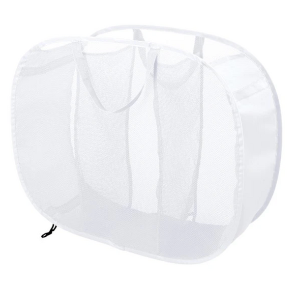 A white, oval-shaped pop-up laundry hamper made of translucent mesh with three internal compartments and two fabric carrying handles.