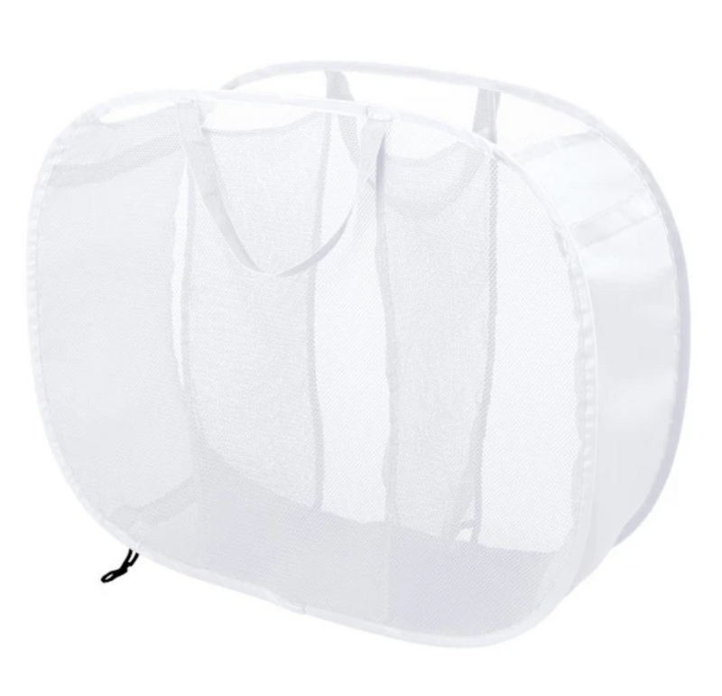 A white, oval-shaped pop-up laundry hamper made of translucent mesh with three internal compartments and two fabric carrying handles.