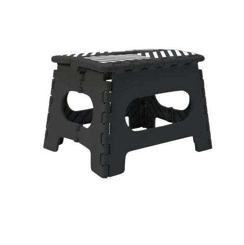 Simplify folding step stool with stripe pattern, 9-inch height, shown folded and open on a white background.