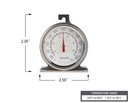 Dimensions for  Taylor analog oven thermometer with a 2.5-inch colorful dial and red pointer, displayed standing upright on a white background.