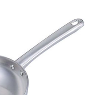 Close up of Culinary Edge stainless steel Bakelite handle, displayed on a white background.