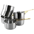 A stacked set of six small, deep, hammered stainless steel mini saucepans with long, thin gold-colored handles.