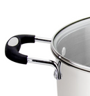 A large, straight-sided stock pot made of brushed stainless steel with a glass lid and black silicone-wrapped handles on the pot and lid.