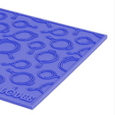 A blue 7" square silicone trivet with raised skillet pattern, shown flat on a white background.