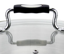 A large, straight-sided stock pot made of brushed stainless steel with a glass lid and black silicone-wrapped handles on the pot and lid.