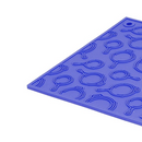 A blue 7" square silicone trivet with raised skillet pattern, shown flat on a white background.