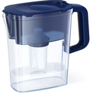 Aquara Ultra Slim white water filter pitcher with blue lid and included filter, shown on a white background.